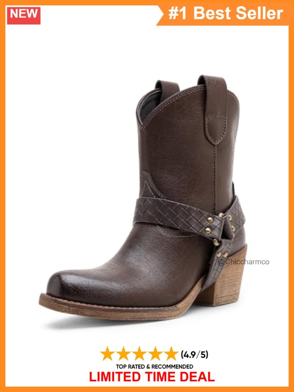 Faux Leather Square Toe Western Ankle Boots with Braided Studded Strap